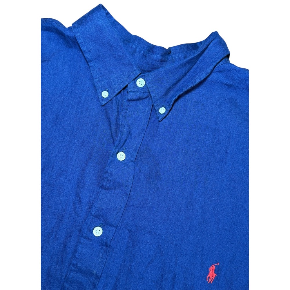 Ralph Lauren Mens 2XLT Blue 100% Linen Short Sleeve Button Down Shirt Pony